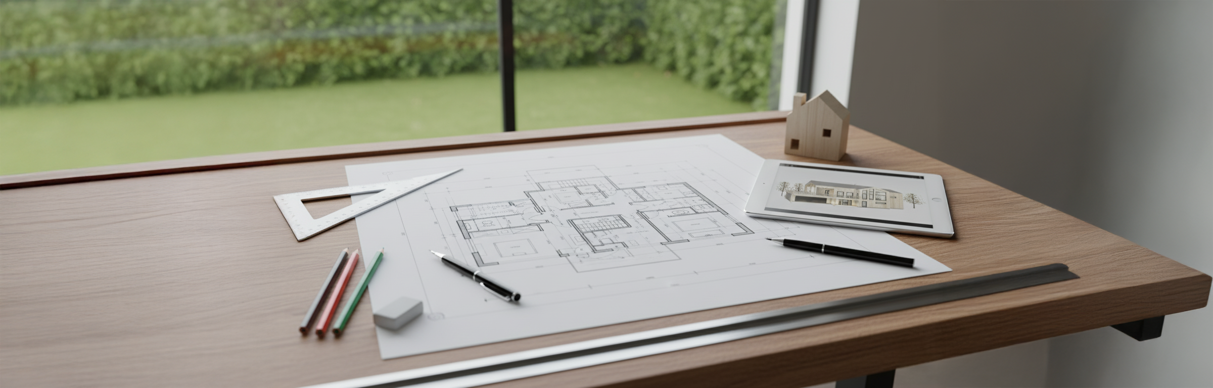 Plantegning og arkitektarbeid på skrivebord